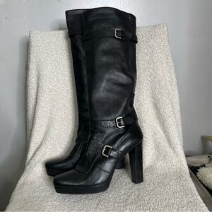 STUART WEITZMAN Belted‎ Biker Moto Heeled Platform Boots Buckle Knee High 10M